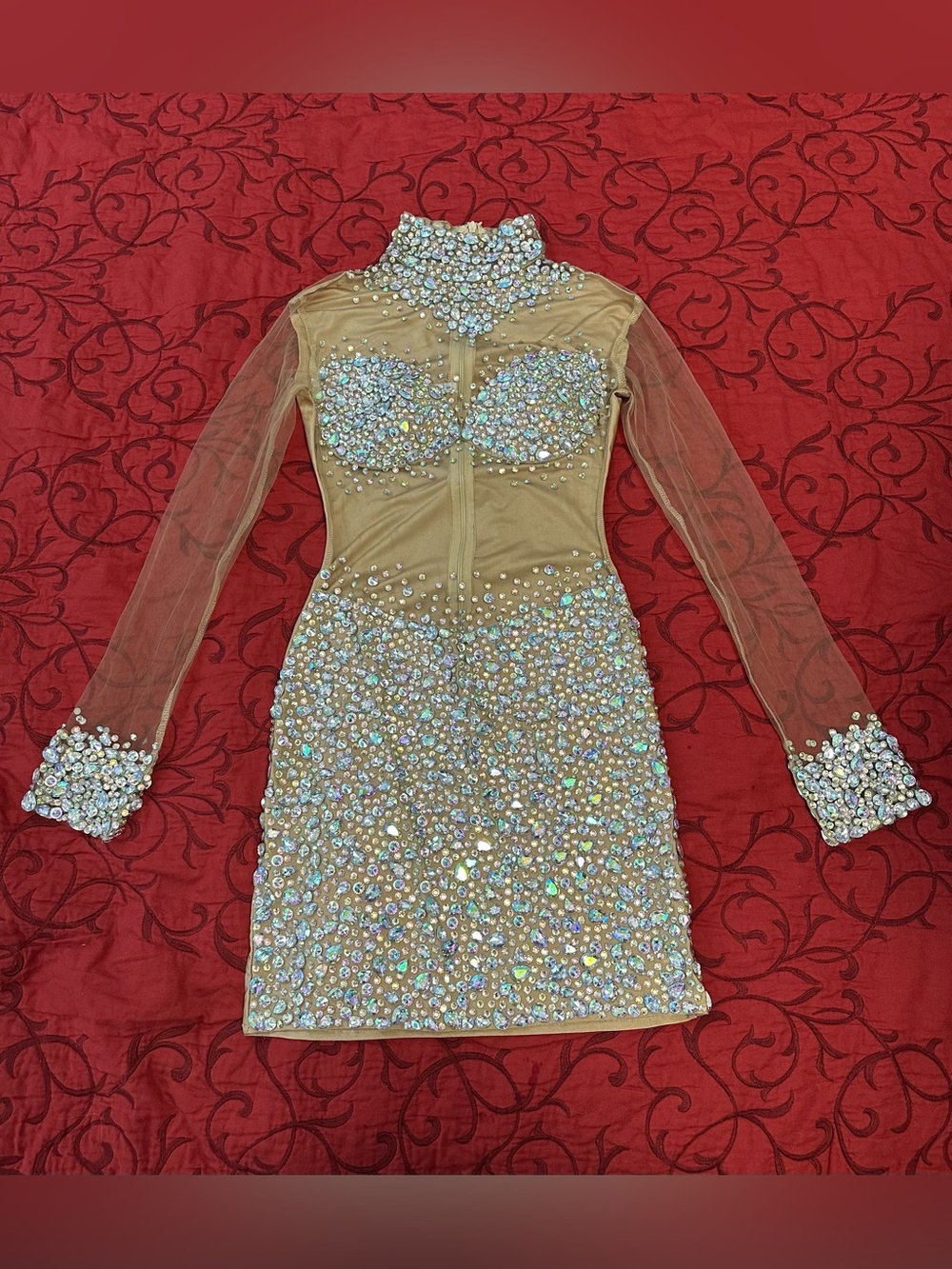 Beaded Nude Long-Sleeve Mini Dress with Crystal Embellishment